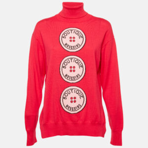 Boutique Moschino Pink Button Intarsia Wool Knit Turtle Neck Sweater M