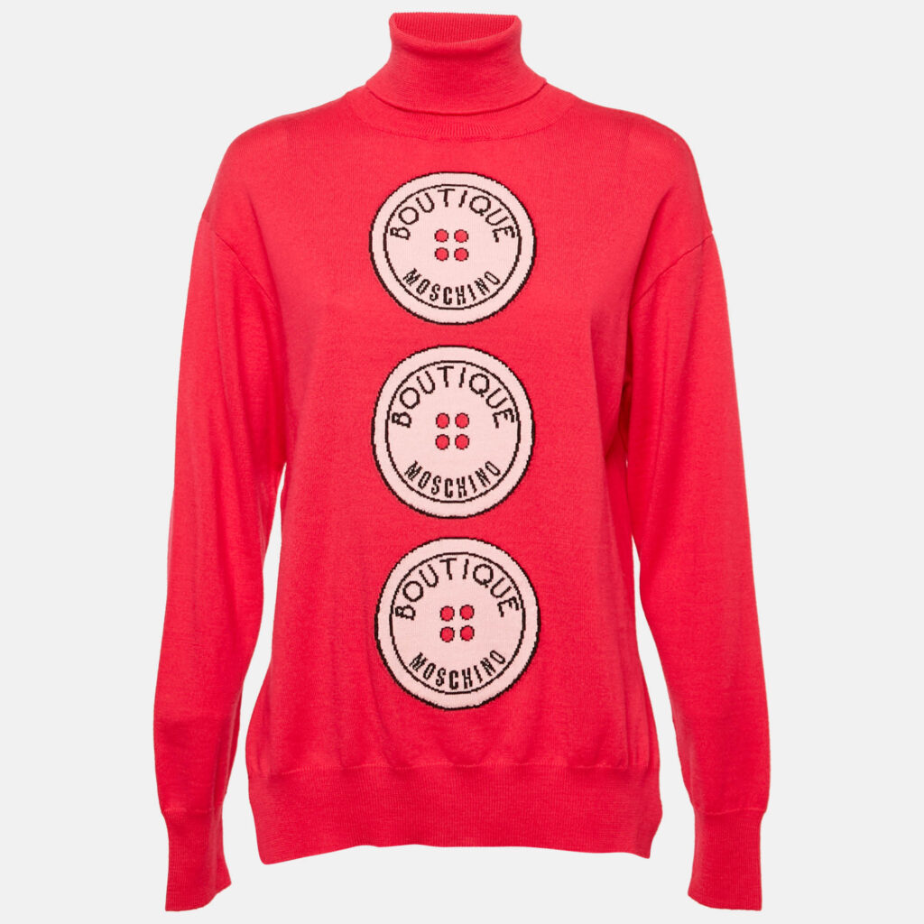 luxury-women-boutique-moschino-used-clothes-p1159364-001 Boutique Moschino Pink Button Intarsia Wool Knit Turtle Neck Sweater M