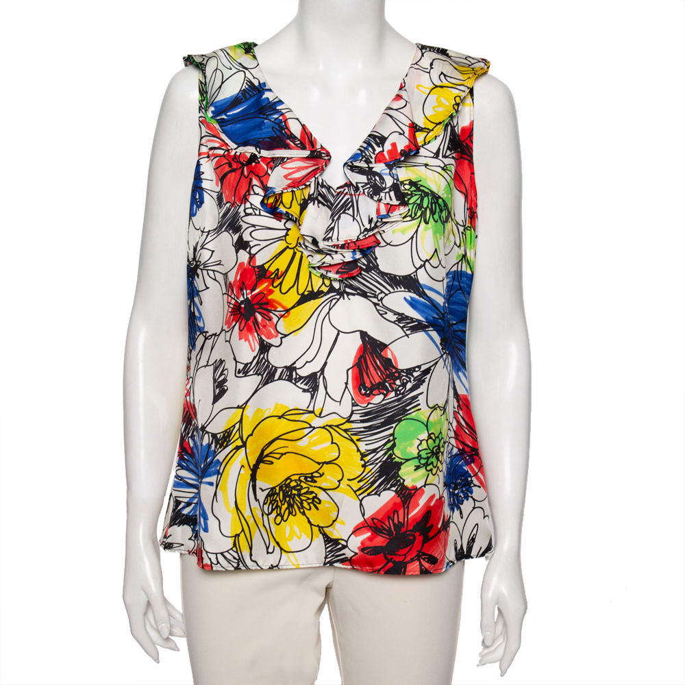 luxury-women-boutique-moschino-used-clothes-p596985-002-2 Boutique Moschino Multicolor Floral Printed Ruffled Front Sleeveless Top L