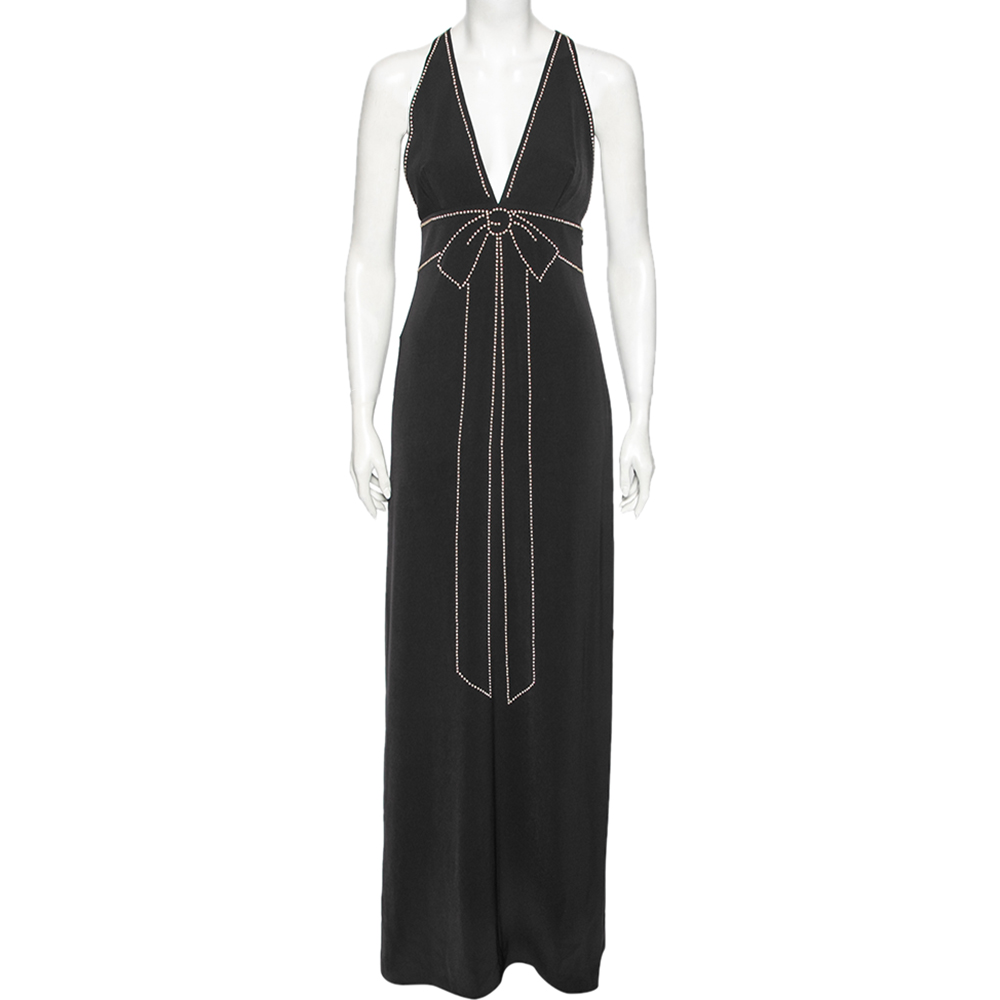 luxury-women-boutique-moschino-used-clothes-p599596-008-2 Boutique Moschino Black Crepe Plunging Neck Bow Embellished Detail Gown S