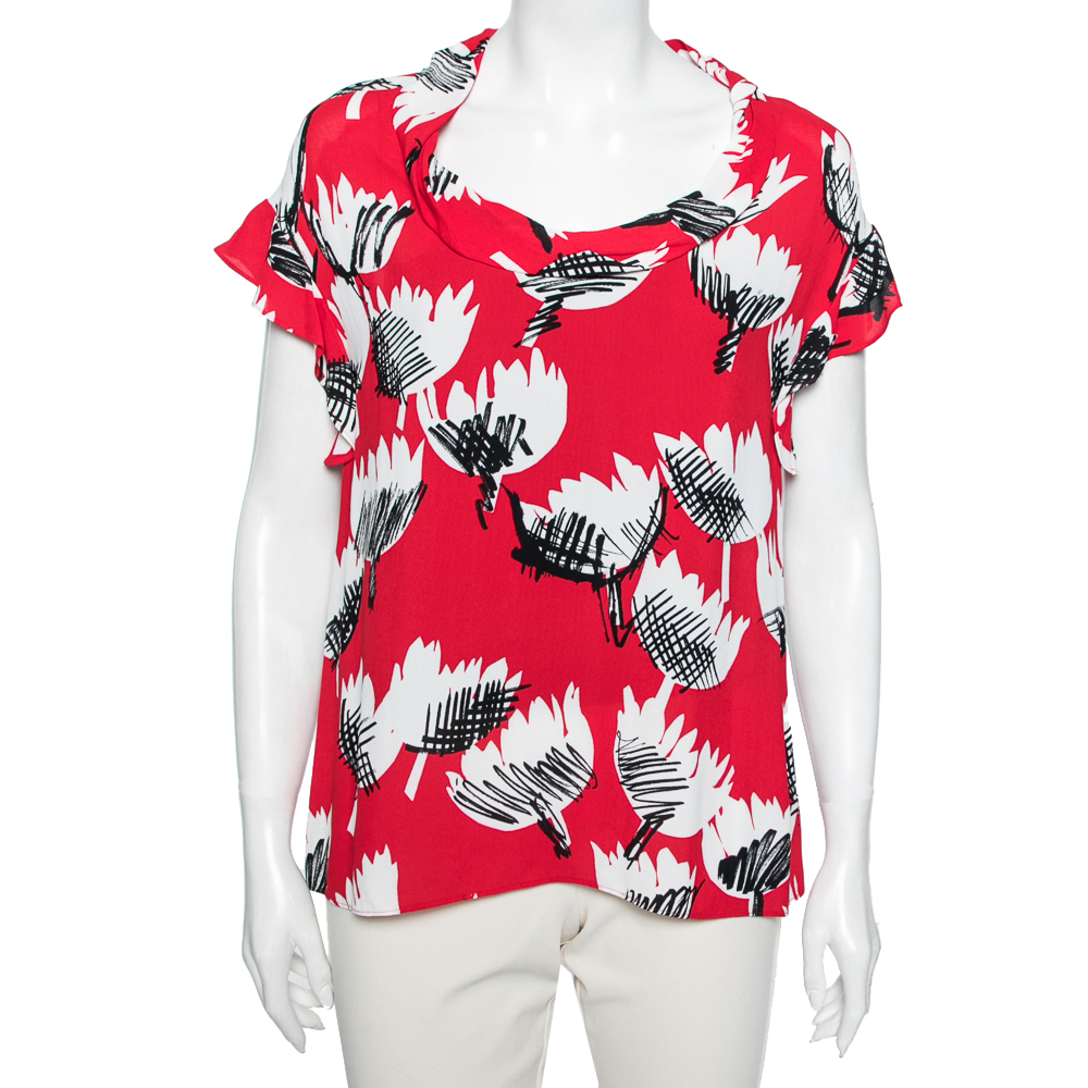 luxury-women-boutique-moschino-used-clothes-p606154-003 Boutique Moschino Red Printed Crepe Ruffle Cap Sleeves Top S