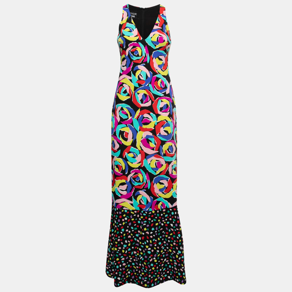 luxury-women-boutique-moschino-used-clothes-p762744-001 Boutique Moschino Black Multicolor Floral Print Crepe Maxi Dress S