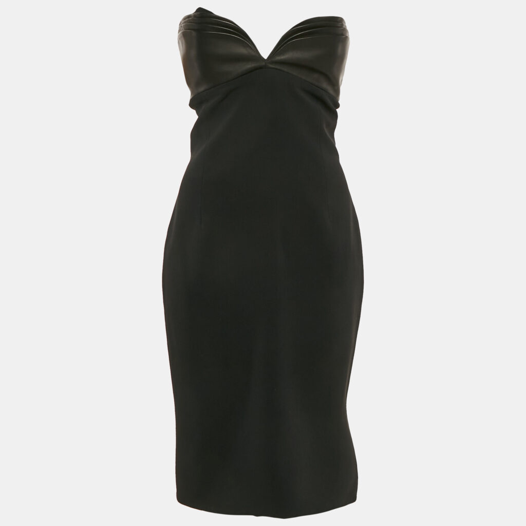 luxury-women-brandon-maxwell-new-clothes-p1108367-001 Brandon Maxwell Black Crepe Leather Trimmed Strapless Knee-Length Dress M
