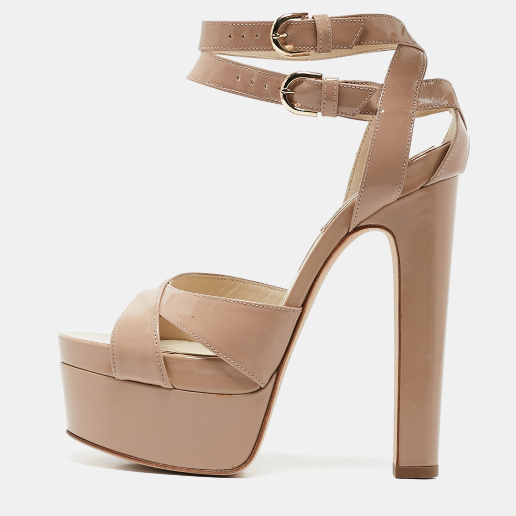 Brian Atwood Beige Patent Leather Carmen Platform Sandals Size 37.5