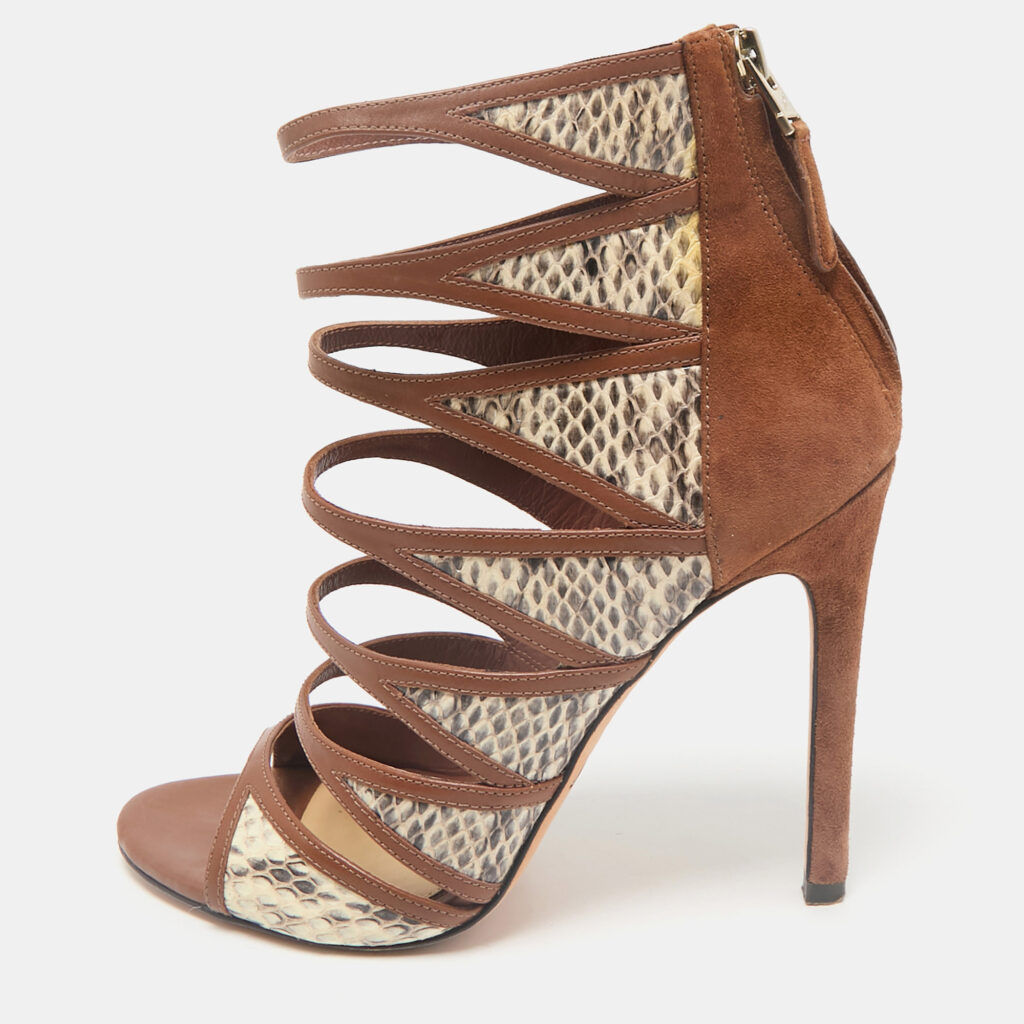 luxury-women-brian-atwood-used-shoes-p1156504-001 Brian Atwood Brown Leather and Snakeskin Lynnden Cage Sandals Size 38