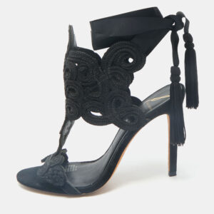 Brian Atwood Black Embroidered Suede Ankle Wrap Sandals Size 37