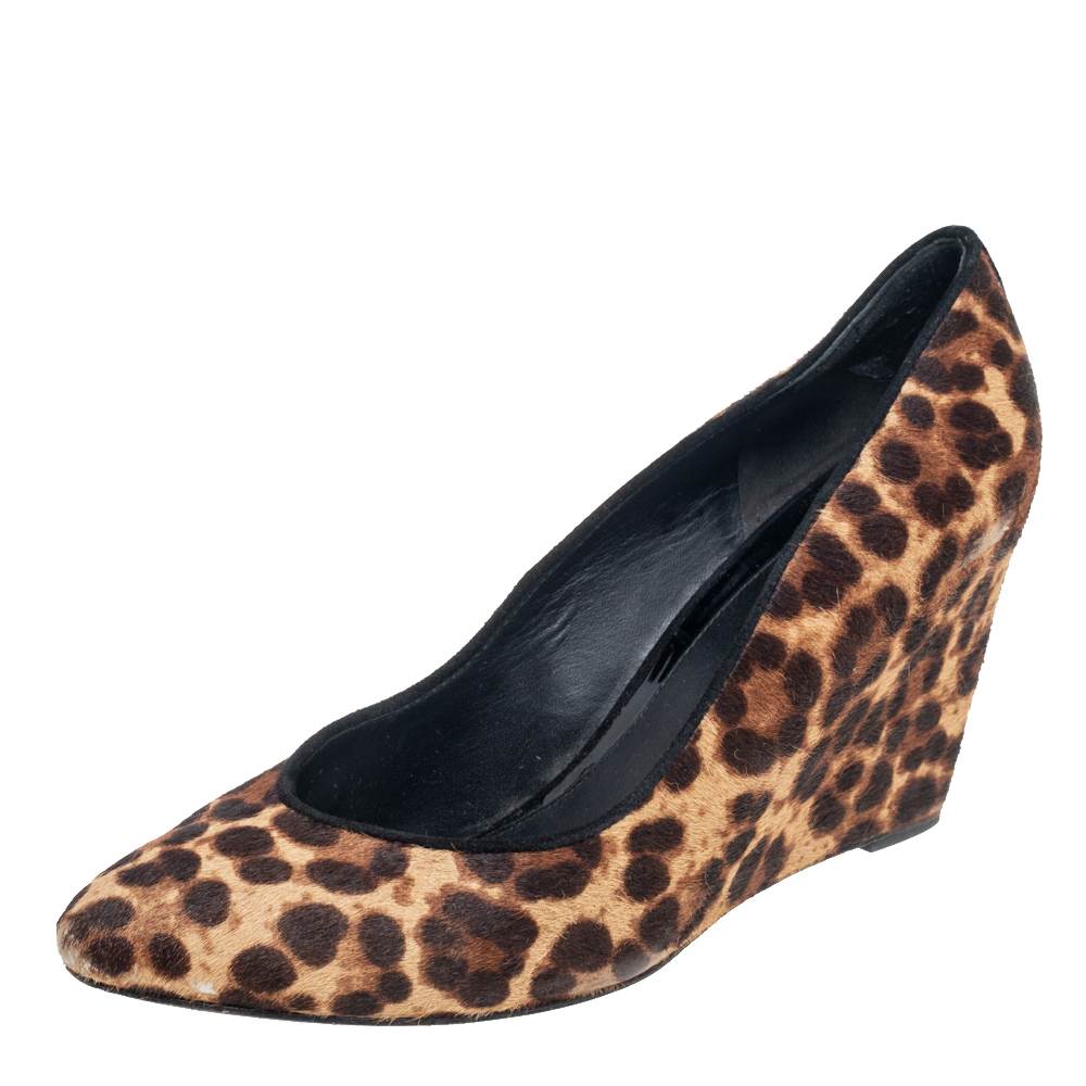 luxury-women-brian-atwood-used-shoes-p511578-004-1 Brian Atwood Brown Leopard Print Pony Hair Wedge Pumps Size 39.5