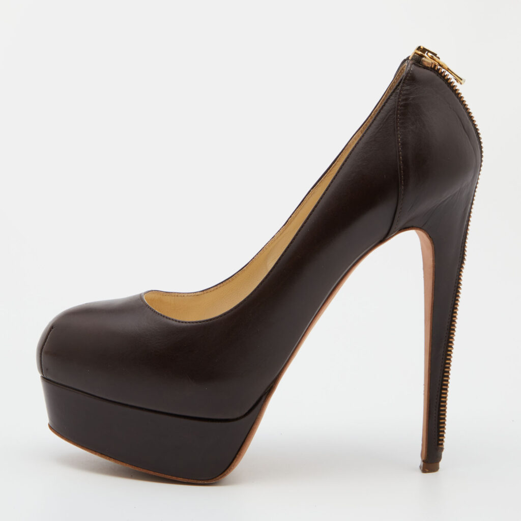 luxury-women-brian-atwood-used-shoes-p805486-002 Brian Atwood Brown Leather Chain Heel Platform Pumps Size 38.5