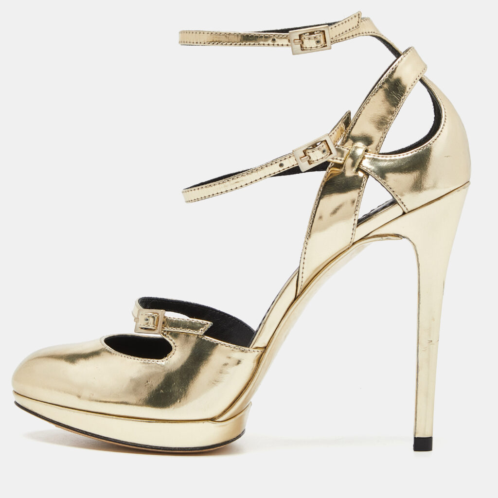 luxury-women-brian-atwood-used-shoes-p916560-001 Brian Atwood Gold Laminated Leather Slingback Pumps Size 37