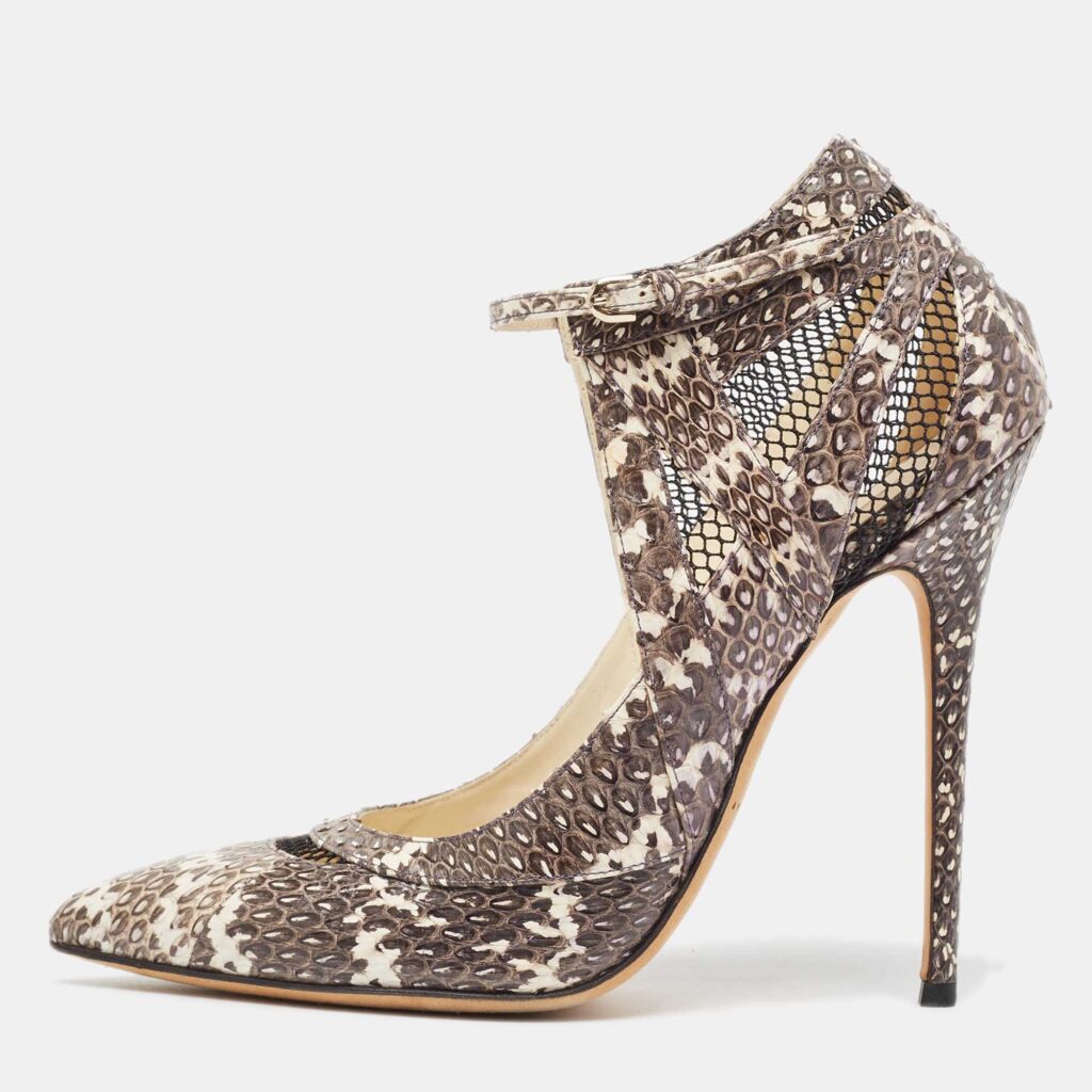 luxury-women-brian-atwood-used-shoes-p980703-003 Brian Atwood Grey/White Snakeskin and Mesh Ankle Strap Pumps Size 41