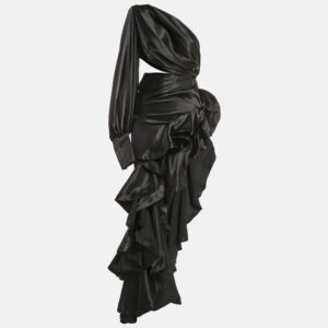 bronx & banco black satin cut-out one shoulder ruffled gown xs