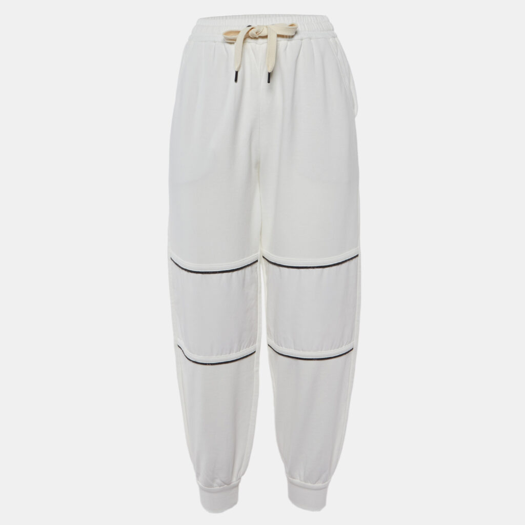 Brunello Cucinelli White Cotton Monili Detail Jogger Pants XXS