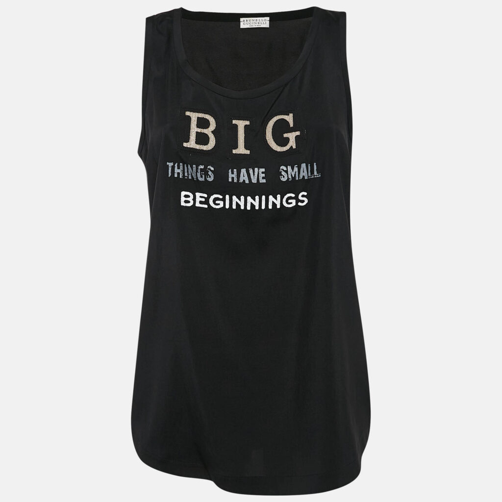 Brunello Cucinelli Black Printed Silk Monili Bead Detail Tank Top M