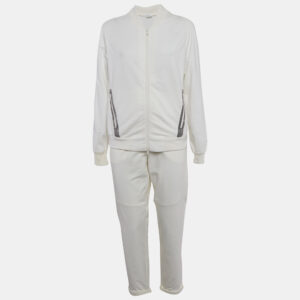 brunello cucinelli white cotton knit monili bead detail jacket and joggers set l