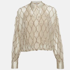 Brunello Cucinelli Beige Argyle Sequined Silk Shirt M