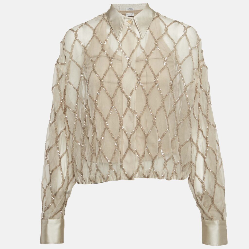 luxury-women-brunello-cucinelli-used-clothes-p943721-005 Brunello Cucinelli Beige Argyle Sequined Silk Shirt M