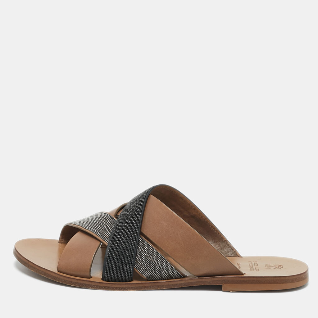 luxury-women-brunello-cucinelli-used-shoes-p1158207-001 Brunello Cucinelli Multicolor Beads and Leather Crossover Flat Sandals Size 40