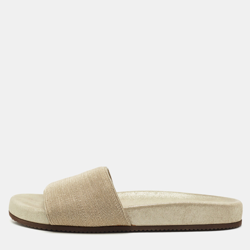 luxury-women-brunello-cucinelli-used-shoes-p1159593-001 Brunello Cucinelli Gold Metal and Suede Flat Slides Size 40