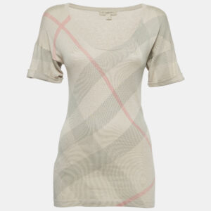 Burberry Brit Beige Checked Silk Blend Knit V-Neck T-Shirt XS