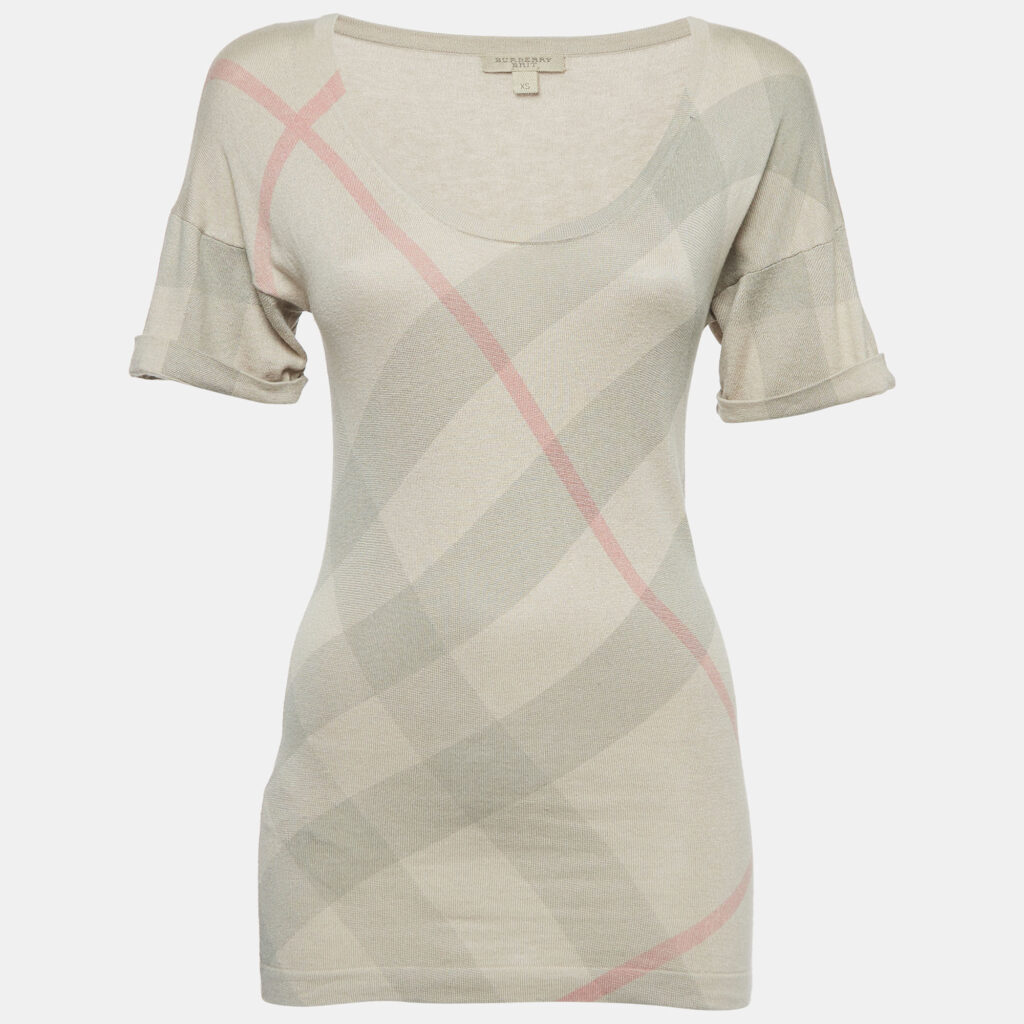 luxury-women-burberry-brit-used-clothes-p934025-001 Burberry Brit Beige Checked Silk Blend Knit V-Neck T-Shirt XS