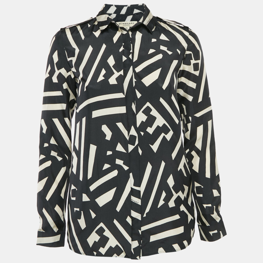 Burberry London Black Printed Silk Button Front Shirt XS