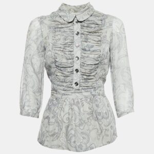 Burberry London Grey Printed Crepe Tie-Up Waist Pleated Top S