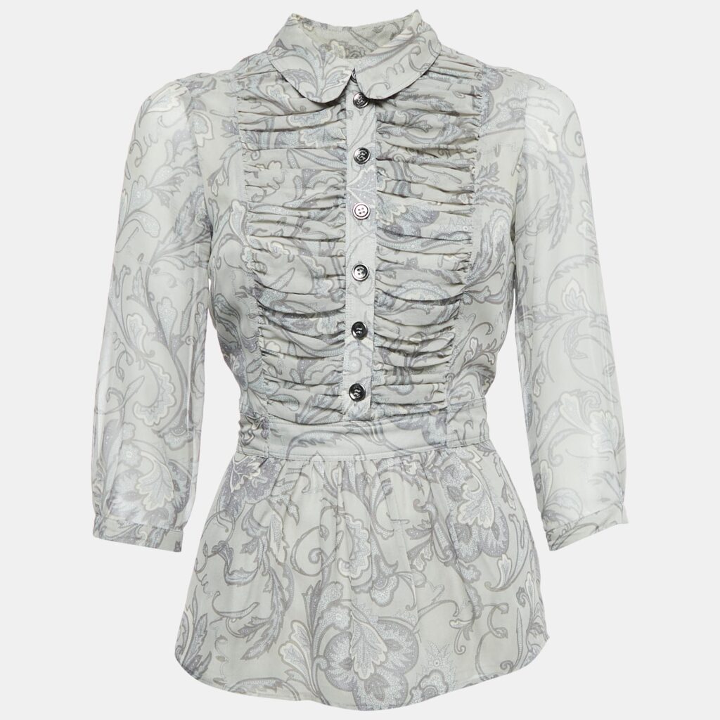 Burberry London Grey Printed Crepe Tie-Up Waist Pleated Top S