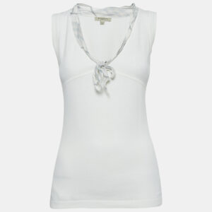 Burberry London White Cotton Knit Tie-Up Neck  Detail Sleeveless Top S