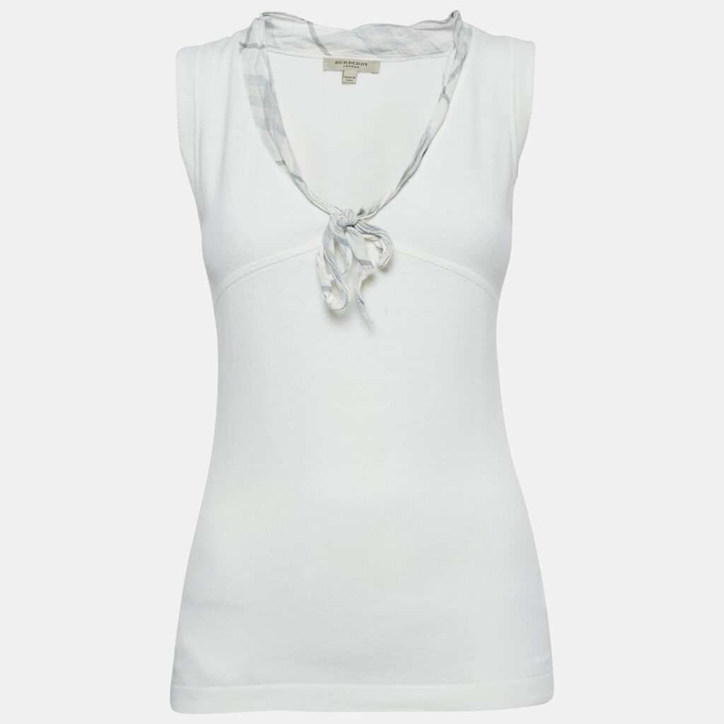 Burberry London White Cotton Knit Tie-Up Neck Detail Sleeveless Top S