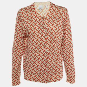Burberry Cream & Red Monogram Printed Wool Cardigan XL