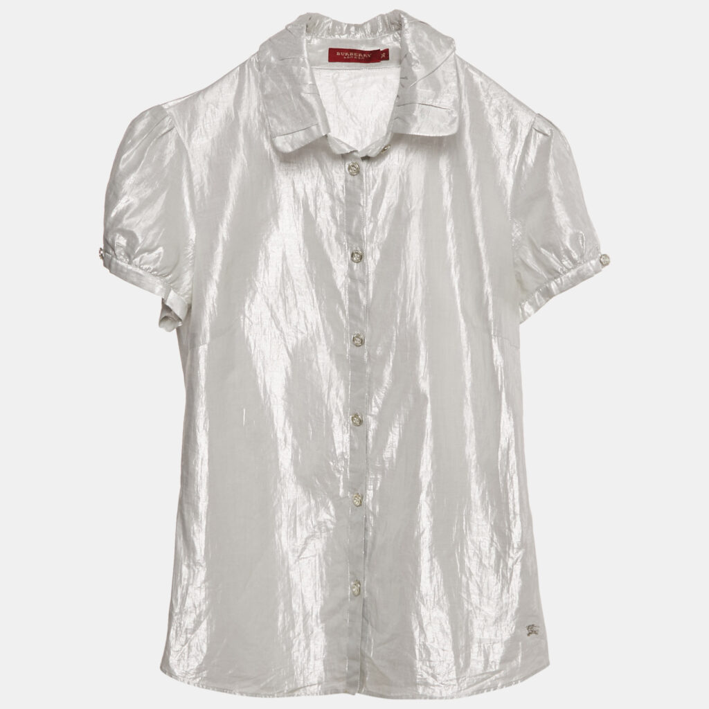 luxury-women-burberry-london-used-clothes-p1170163-006 Burberry London Silver Lamé Button Front Shirt XS