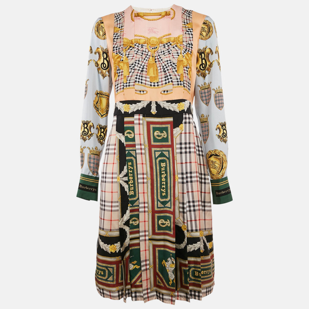 luxury-women-burberry-new-clothes-p1135126-001 Burberry Multicolor Scarf Print Silk Pleated Long Sleeve Midi Dress M