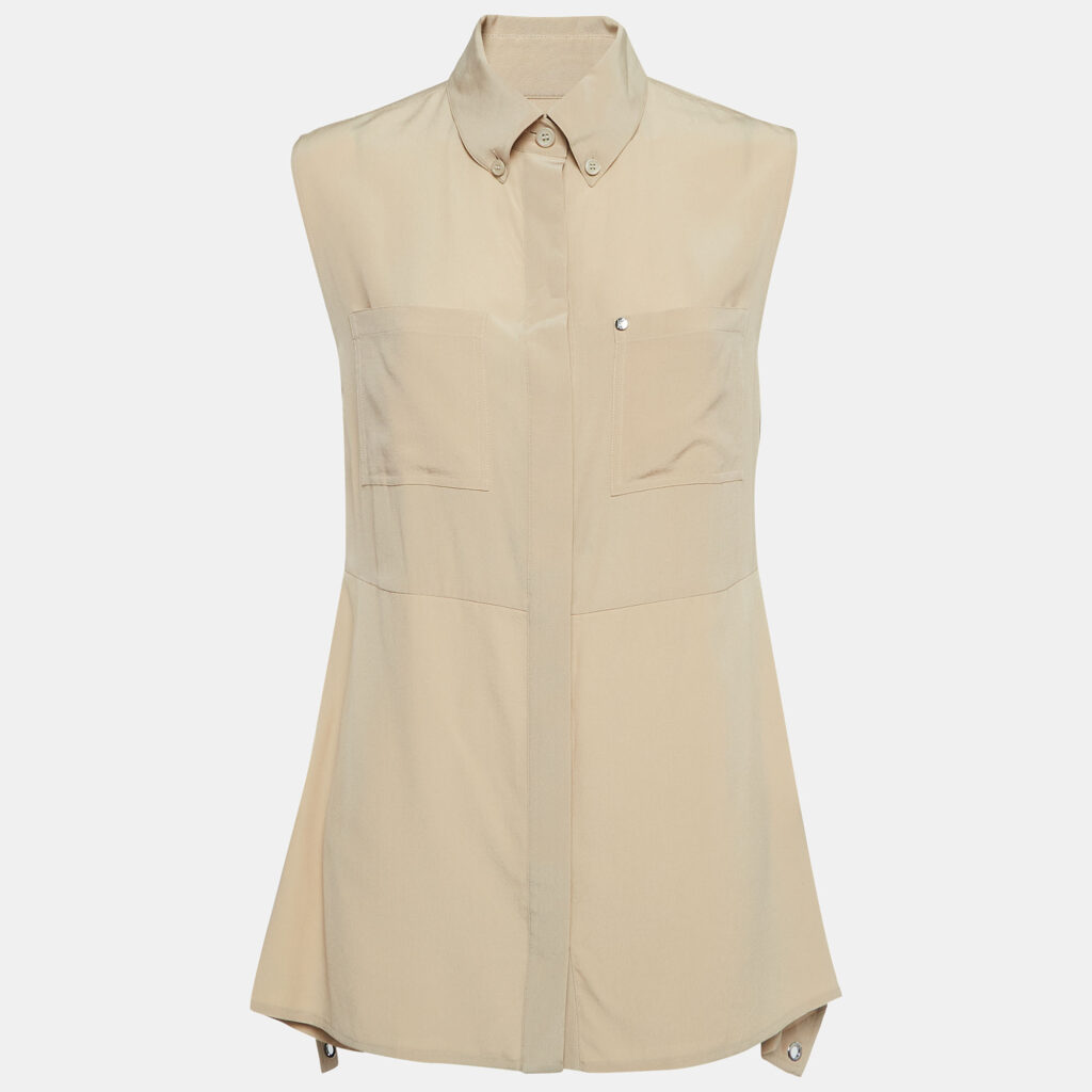 luxury-women-burberry-new-clothes-p953385-001 Burberry Beige Silk Buttoned A-Line Sleeveless Shirt Blouse S