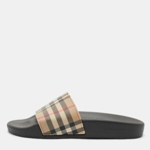 Burberry Beige/Black House Check PVC Furley Flat Slides Size 36
