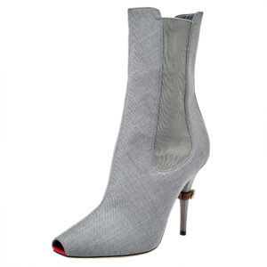 Burberry Grey Canvas And Elastic Fabric Peep Toe Kenzie Ankle Boots Size 39
