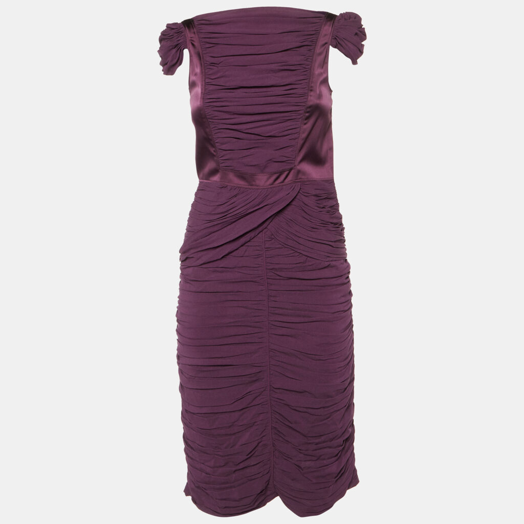 luxury-women-burberry-prorsum-used-clothes-p1090829-002 Burberry Prorsum Vintage Purple Silk Crepe Ruched Midi Dress S