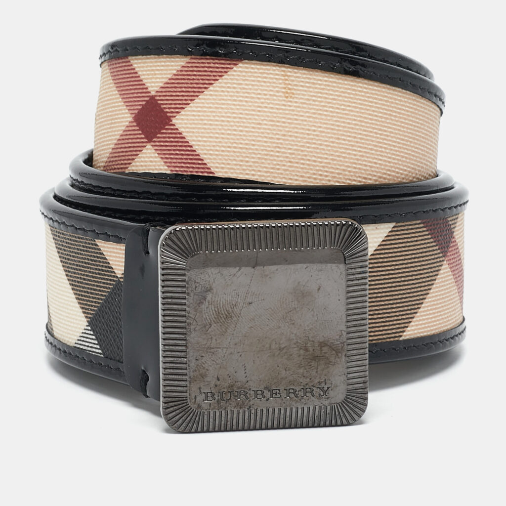 luxury-women-burberry-used-accessories-p1129817-006 Burberry Beige Supernova Check PVC and Patent Leather Buckle Belt 90CM