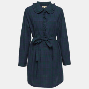Burberry Navy Blue Plaid Cotton Ruffled Mini Dress L
