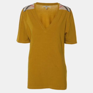 Burberry Yellow Cotton Blend Shoulder Patch V-Neck T-Shirt L