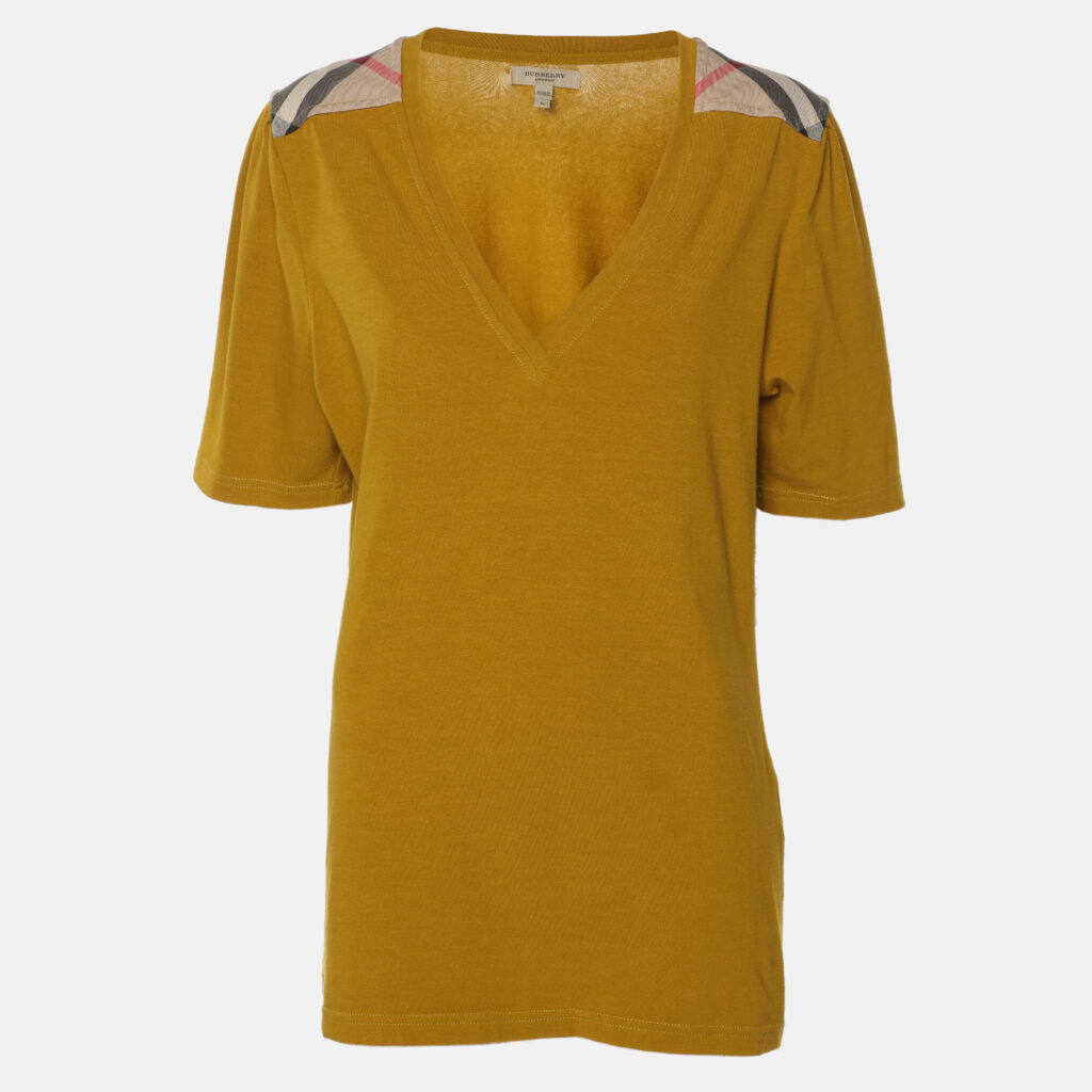Burberry Yellow Cotton Blend Shoulder Patch V-Neck T-Shirt L
