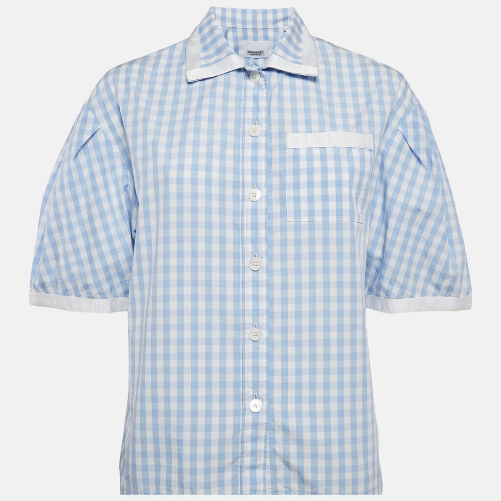 luxury-women-burberry-used-clothes-p1092324-008 Burberry Blue/White Gingham Cotton Button Front Blouse XXS