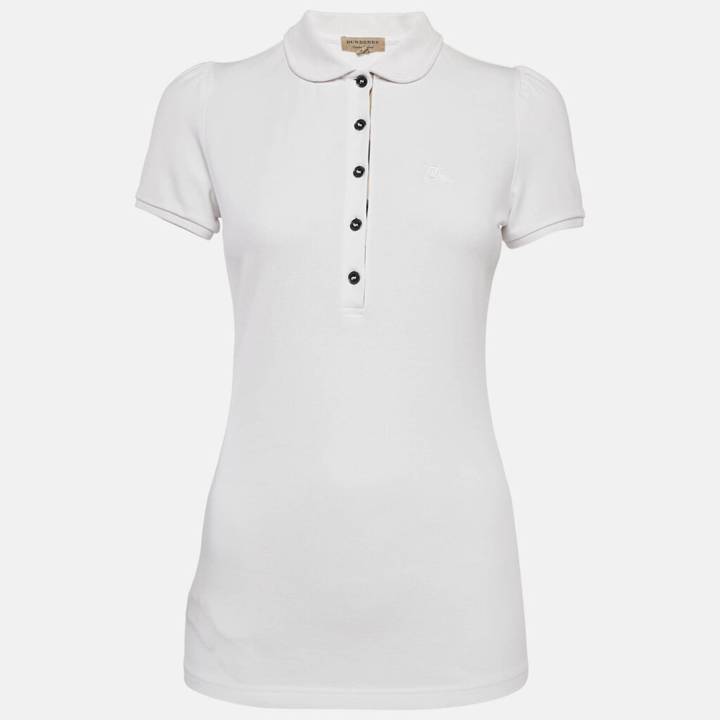 Burberry White Cotton Pique Puff Sleeve Polo T-Shirt S