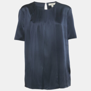 Burberry Navy Blue Satin Silk Faux Pleat Detail Top L