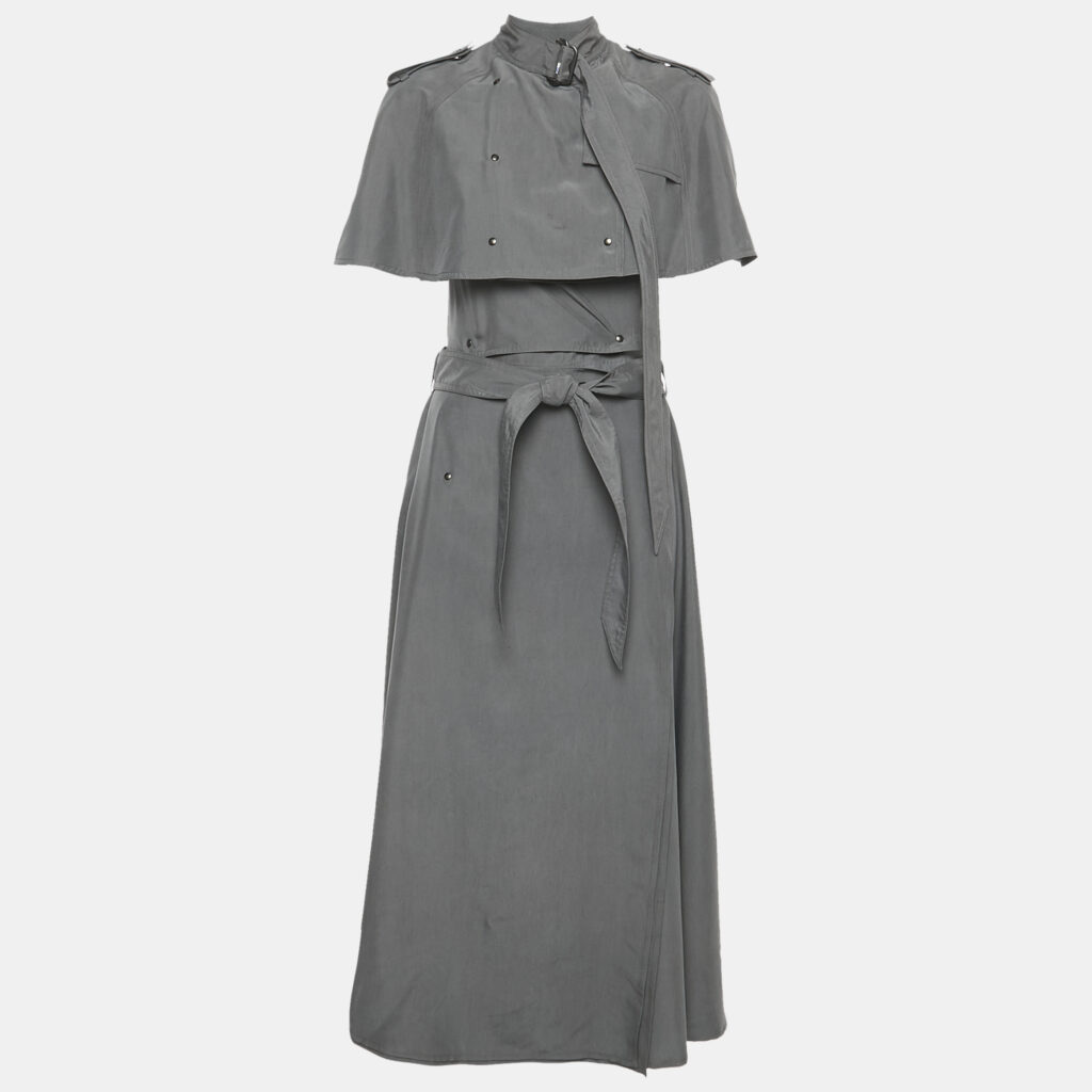 Burberry Grey Taffeta Silk Capelet Trench Dress S