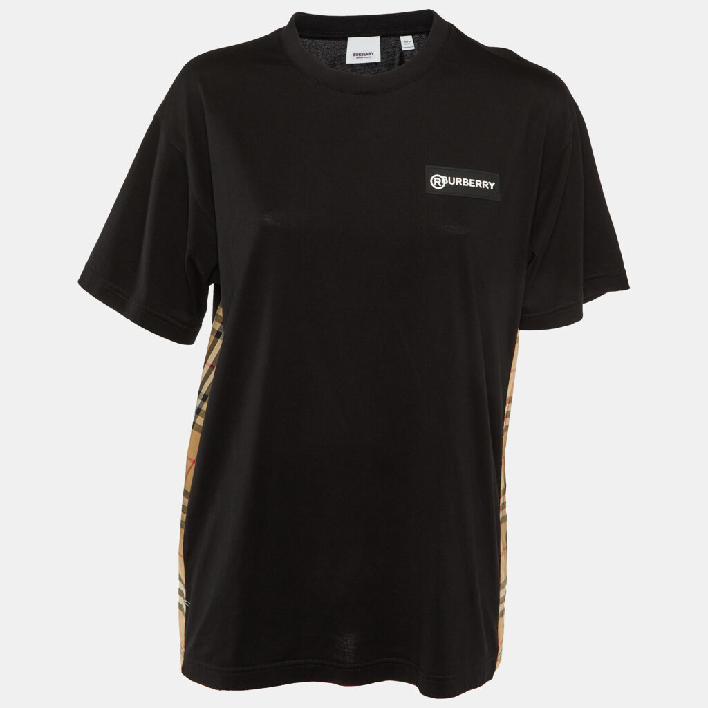 luxury-women-burberry-used-clothes-p1141935-001 Burberry Black Cotton Check Paneled Oversized T-Shirt S