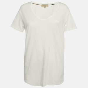 Burberry White Logo Embroidered Cotton V-Neck T-Shirt L