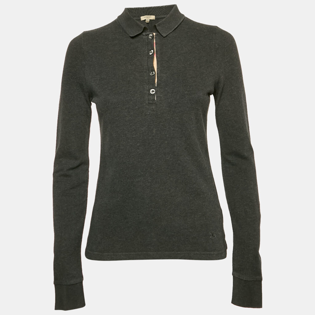 Burberry Grey Cotton Long Sleeve Polo T-Shirt S