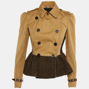 Burberry Prorsum Beige Cotton & Black Tweed Paneled Peplum Double Breasted Jacket M