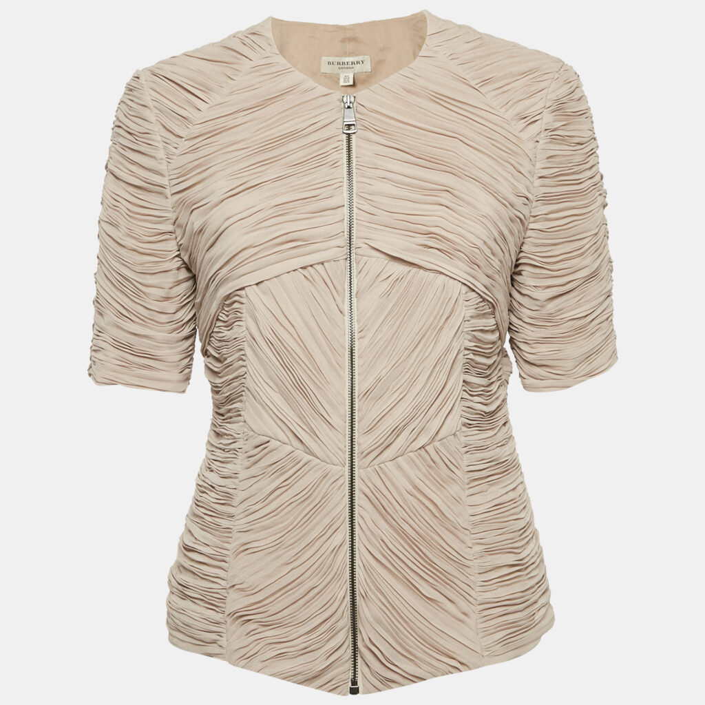 luxury-women-burberry-used-clothes-p1162861-005 Burberry Beige Chiffon Plisse Short Sleeve Top M