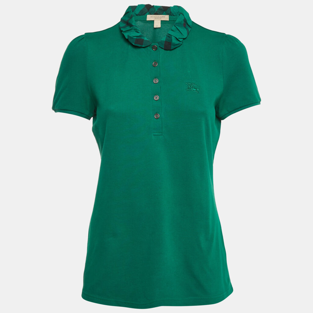 luxury-women-burberry-used-clothes-p1167337-002 Burberry Green Checks Collar Cotton Pique T-Shirt M